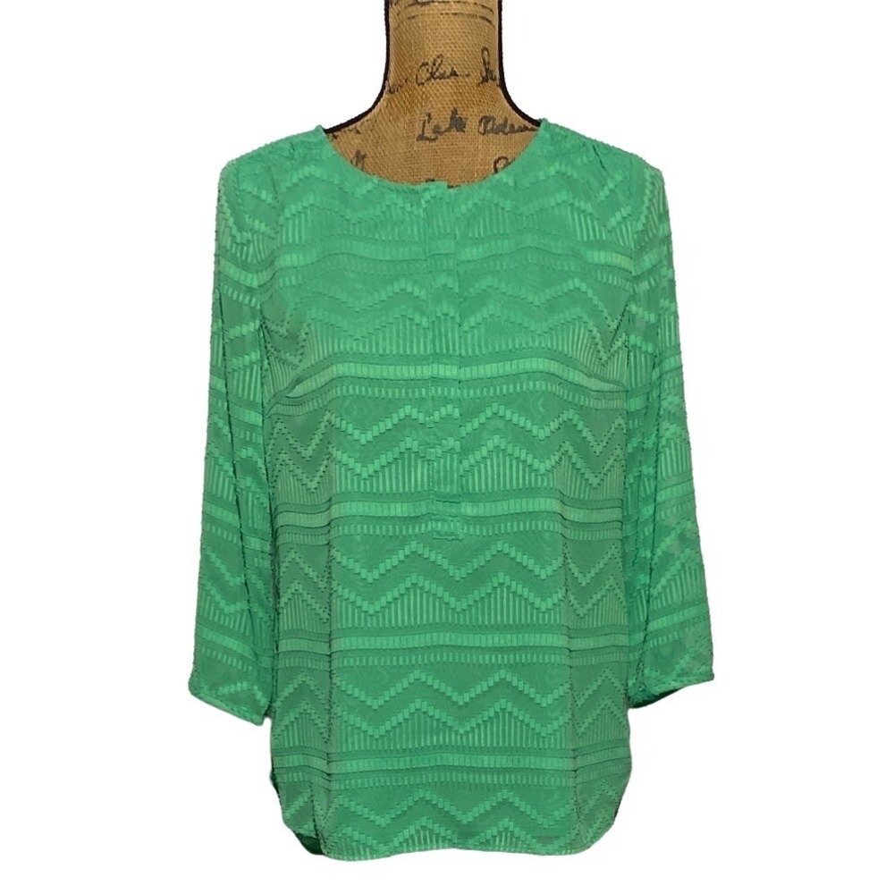 Talbots Top SMALL Green Texture Chevron Stripes 3/4‎ Sl High Low Hem Tunic